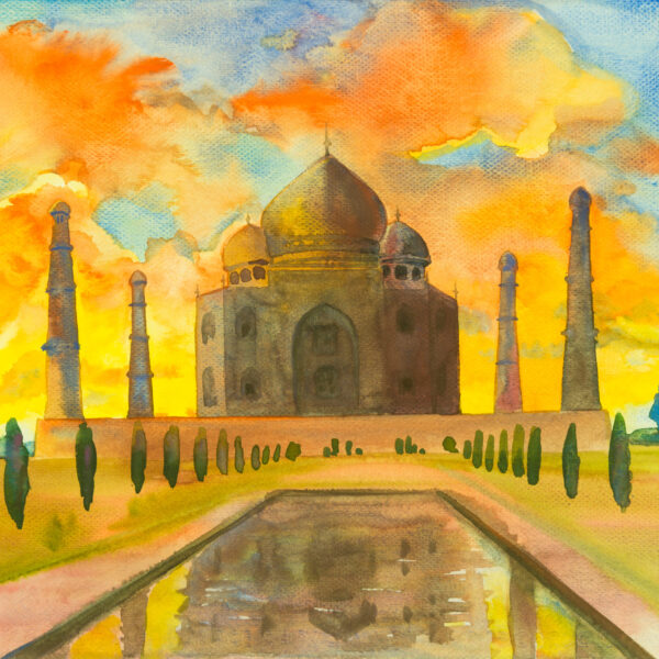Watercolor painting landscape of archaeological site in the Taj Mahal view, with flowers garden in blue,yellow, orange sky and clouds background. Hand painted illustration beauty spring season.