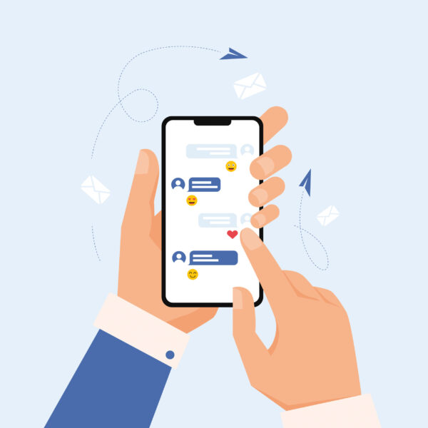 Hand holds smartphone with text messages, mobile chat app. Social network modern layout template. Vector illustration
